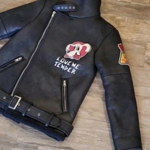 Rare Faux Leather Faux Shearling Collar & Lining Moto Punk Retro Biker Jacket, S - Picture 3 of 13